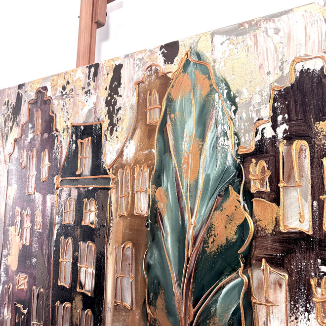 Painting- 100x150cm - Rick Triest - Amsterdam LUXURY style - grachten gevels in omber & Gold #29
