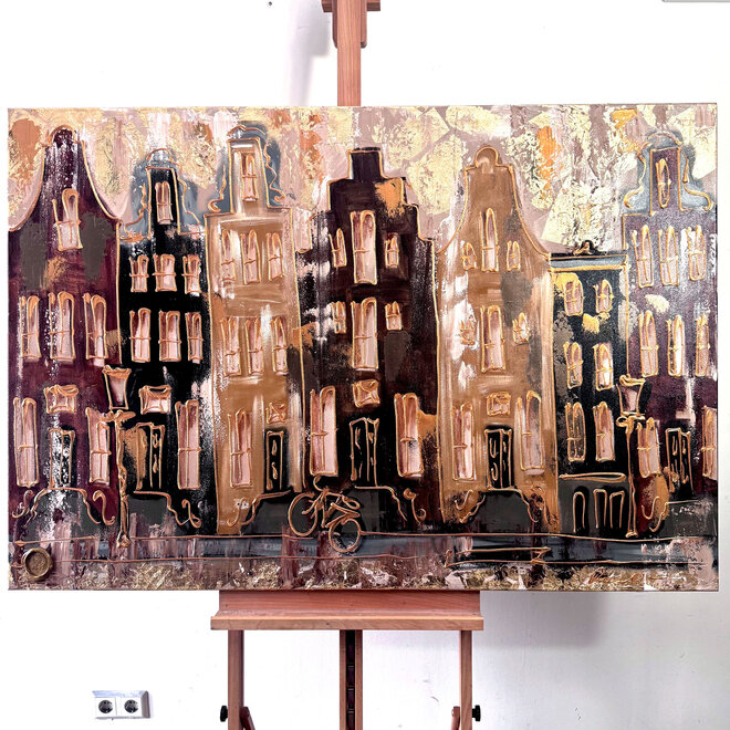 Painting- 100x150cm - Amsterdam LUXURY style - grachten gevels in omber & Gold #27