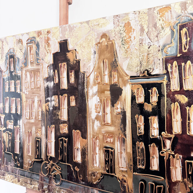 Painting- 100x150cm - Rick Triest - Amsterdam LUXURY style - grachten gevels in omber & Gold #27