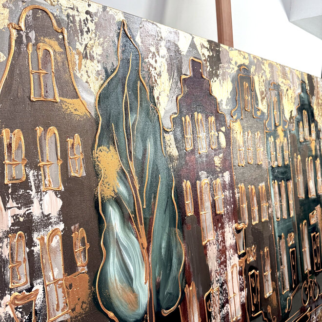 Painting- 100x150cm - Rick Triest - Amsterdam LUXURY style - grachten gevels in omber & Gold #26