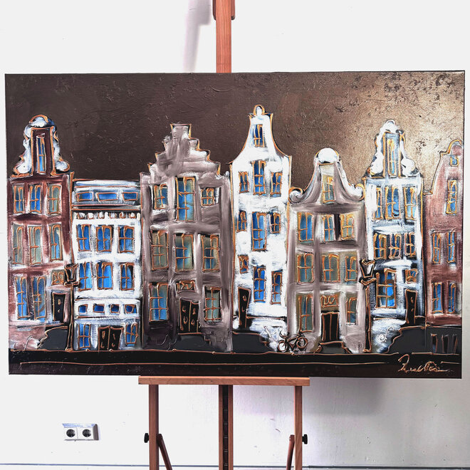 Schilderij- 100x150cm - Rick Triest - Amsterdam LUXURY style - grachten gevels in omber & Gold #25