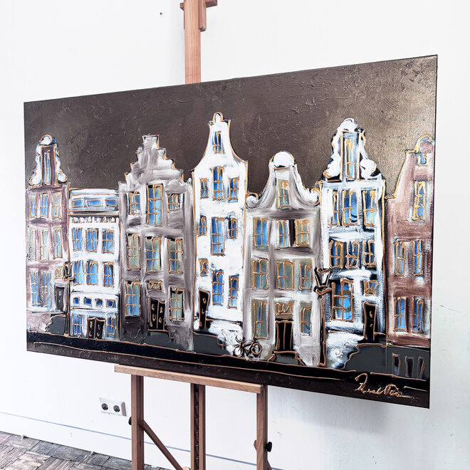 Schilderij- 100x150cm - Rick Triest - Amsterdam LUXURY style - grachten gevels in omber & Gold #25
