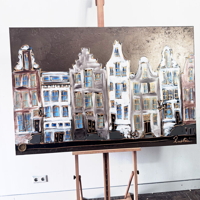 Painting- 100x150cm - Rick Triest - Amsterdam LUXURY style - grachten gevels in omber & Gold #25