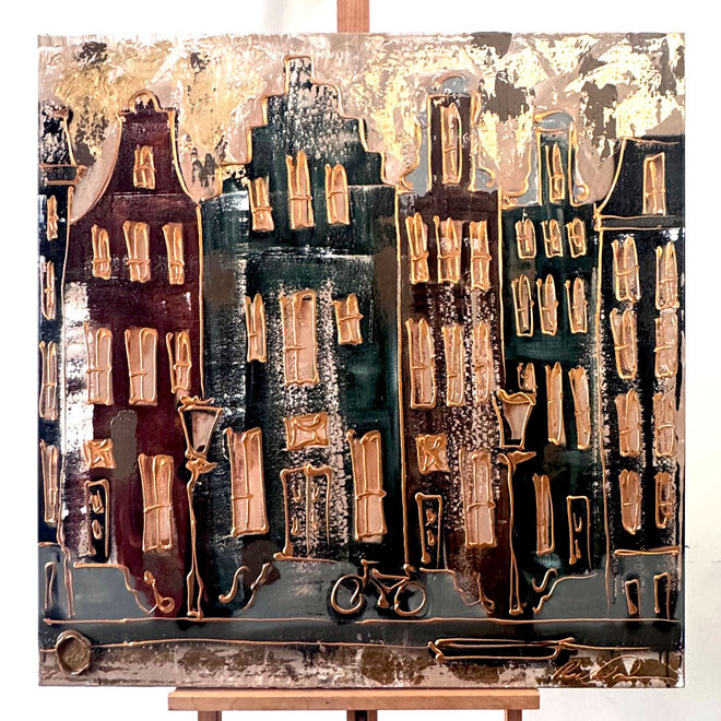 Painting- 100x100cm - Amsterdam LUXURY style -  grachten gevels in omber & Gold #237