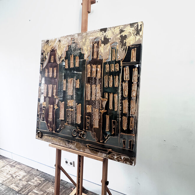 Schilderij- 100x100cm - Rick Triest - Amsterdam LUXURY style -  grachten gevels in omber & Gold #237