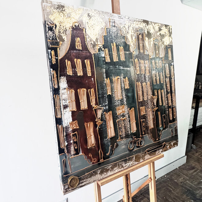 Schilderij- 100x100cm - Rick Triest - Amsterdam LUXURY style -  grachten gevels in omber & Gold #237