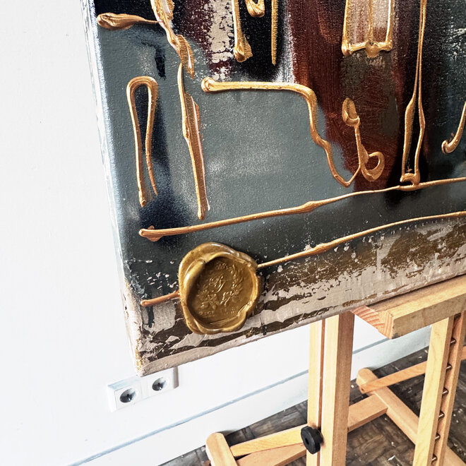 Schilderij- 100x100cm - Rick Triest - Amsterdam LUXURY style -  grachten gevels in omber & Gold #237