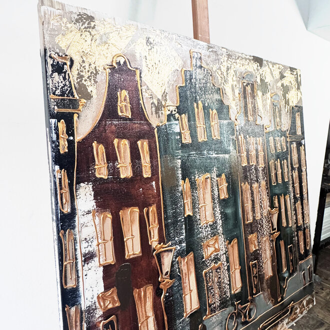Painting- 100x100cm - Rick Triest - Amsterdam LUXURY style - grachten gevels in omber & Gold #237