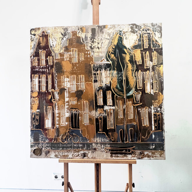 Schilderij- 100x100cm - Rick Triest - Amsterdam LUXURY style -  grachten gevels in omber & Gold #236