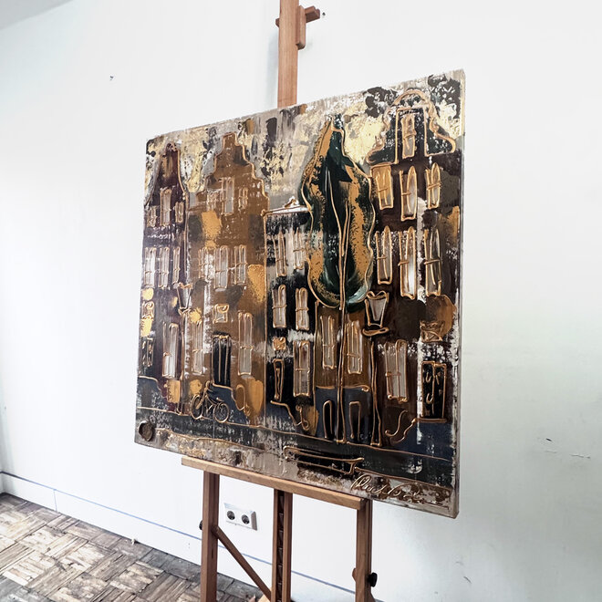 Painting- 100x100cm - Rick Triest - Amsterdam LUXURY style - grachten gevels in omber & Gold #236