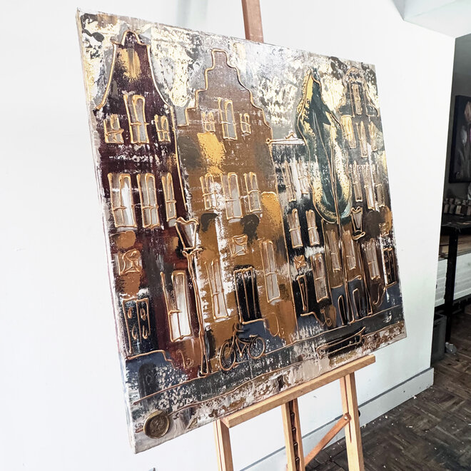 Painting- 100x100cm - Rick Triest - Amsterdam LUXURY style - grachten gevels in omber & Gold #236