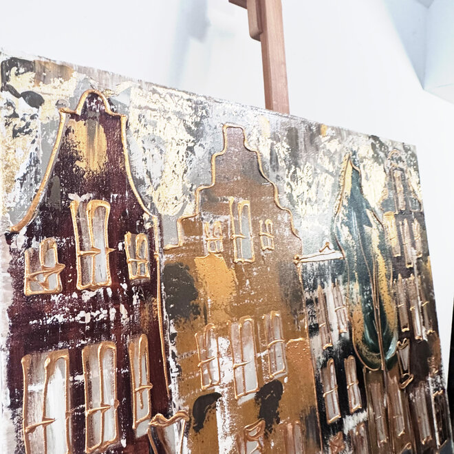 Schilderij- 100x100cm - Rick Triest - Amsterdam LUXURY style -  grachten gevels in omber & Gold #236