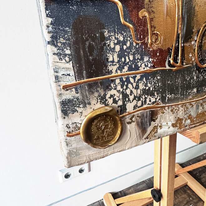 Schilderij- 100x100cm - Rick Triest - Amsterdam LUXURY style -  grachten gevels in omber & Gold #236