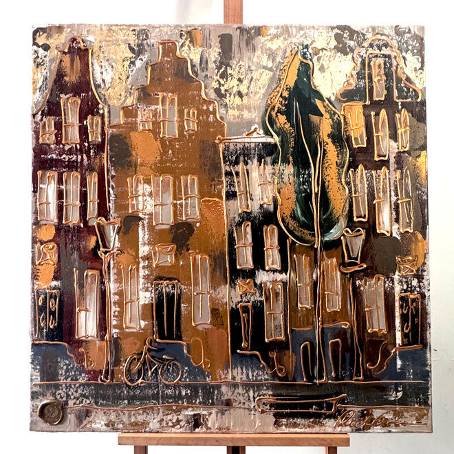 Schilderij- 100x100cm - Rick Triest - Amsterdam LUXURY style -  grachten gevels in omber & Gold #236