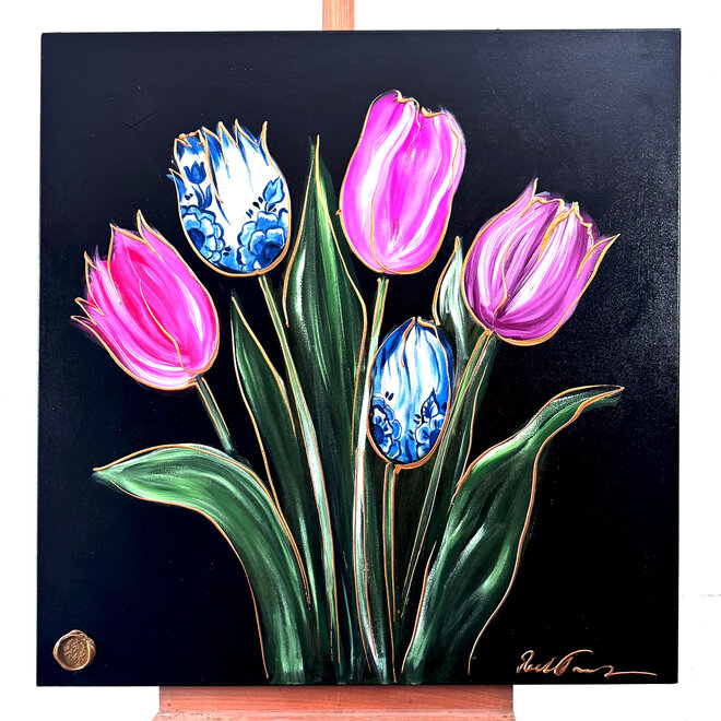 Schilderij- 100x100cm -Tulpenmanie - kleurrijke tulpen - Black & Gold #5