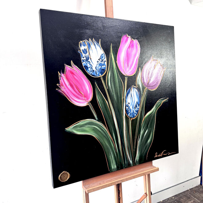 Painting-  100x100cm - Rick Triest -Tulpenmanie - kleurrijke tulpen - Black & Gold #5