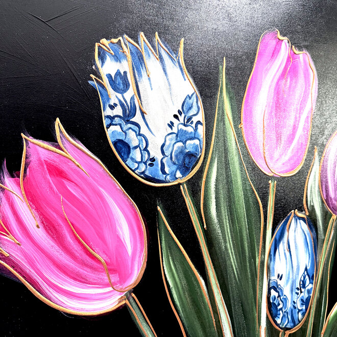 Painting-  100x100cm - Rick Triest -Tulpenmanie - kleurrijke tulpen - Black & Gold #5