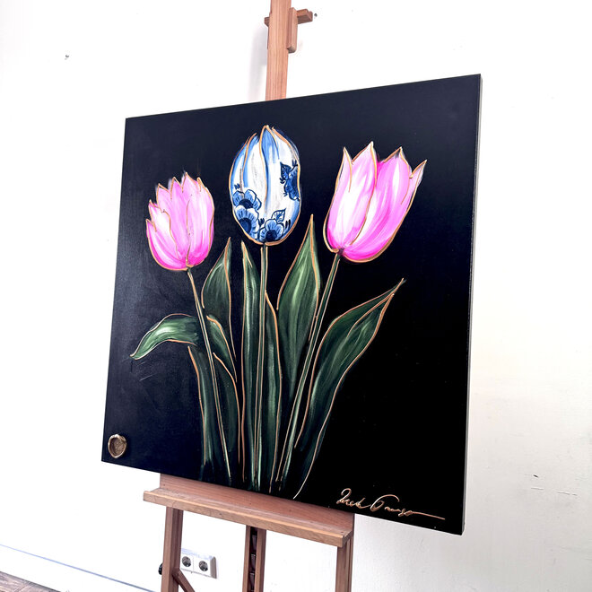 Schilderij- 100x100cm - Rick Triest - Tulpenmanie - kleurrijke tulpen - Black & Gold #4