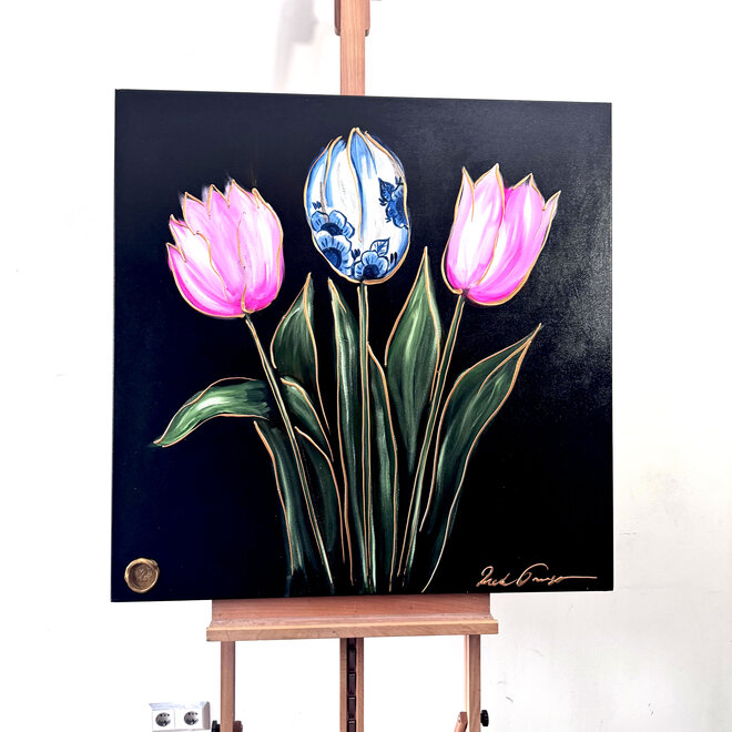 Painting-  100x100cm - Rick Triest -Tulpenmanie - kleurrijke tulpen - Black & Gold #4