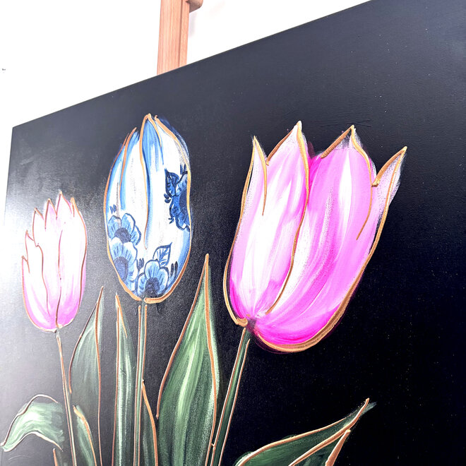 Painting-  100x100cm - Rick Triest -Tulpenmanie - kleurrijke tulpen - Black & Gold #4