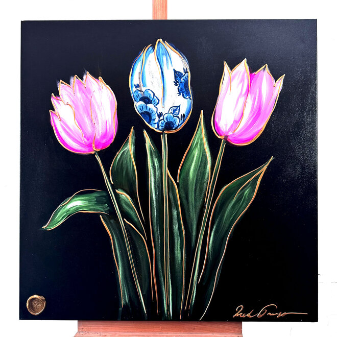Schilderij- 100x100cm -Tulpenmanie - kleurrijke tulpen - Black & Gold #4