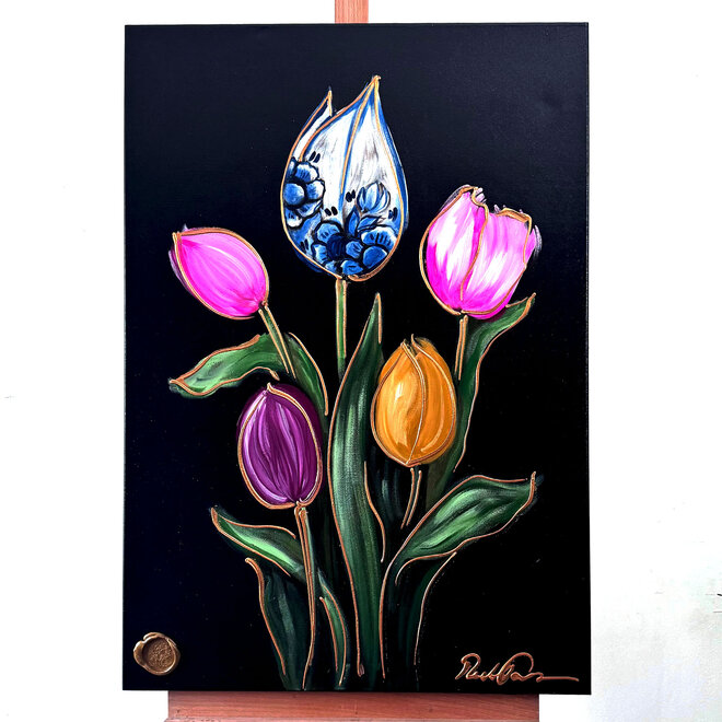 Painting  - 70x100 cm - Rick Triest -  kleurrijke tulpen - Black & Gold #3
