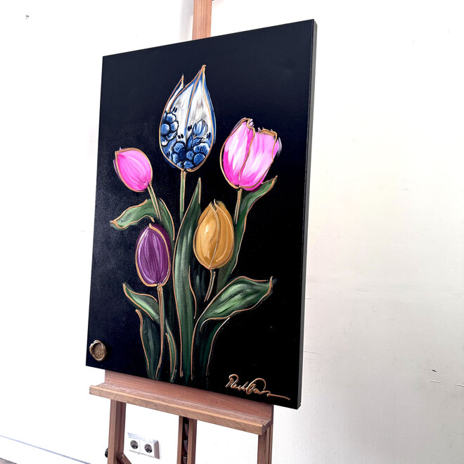 Painting  - 70x100 cm - Rick Triest -  kleurrijke tulpen - Black & Gold #3
