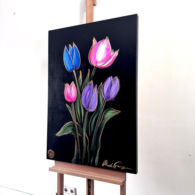 Painting - 70x100 cm - Rick Triest - kleurrijke tulpen - Black & Gold #2