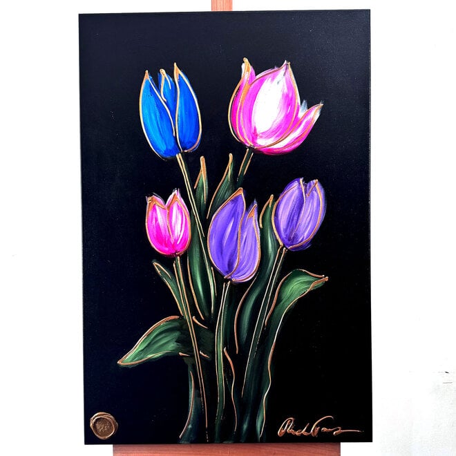 Painting -70x100 cm - Tulpenmanie - kleurrijke tulpen - Black & Gold #2