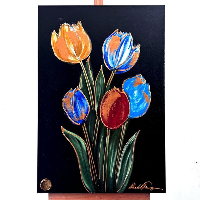 Schilderij -70x100 cm - Tulpenmanie - kleurrijke tulpen - Black & Gold #1