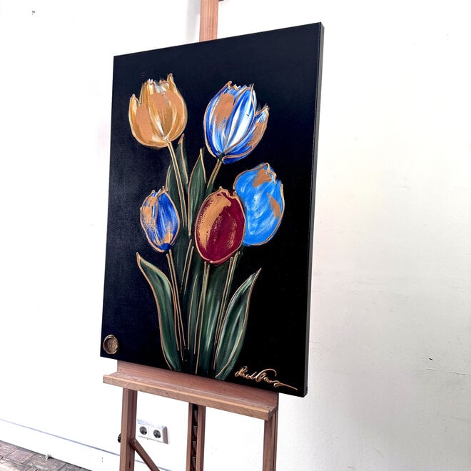 Painting  - 70x100 cm - Rick Triest -  kleurrijke tulpen - Black & Gold #1