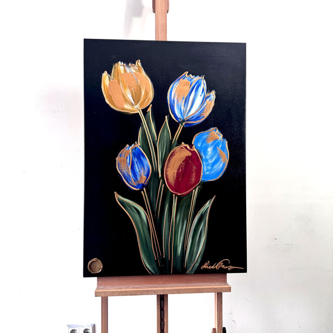 Schilderij - 70x100 cm - Rick Triest - kleurrijke tulpen - Black & Gold #1