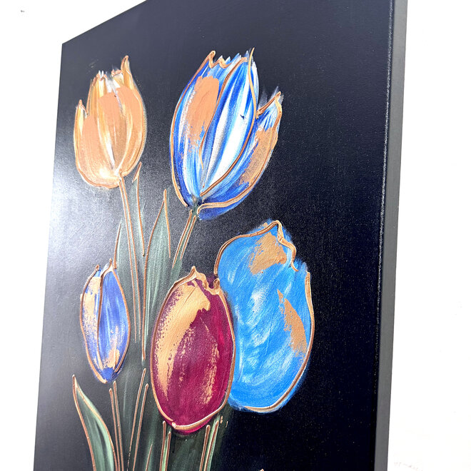 Painting  - 70x100 cm - Rick Triest -  kleurrijke tulpen - Black & Gold #1