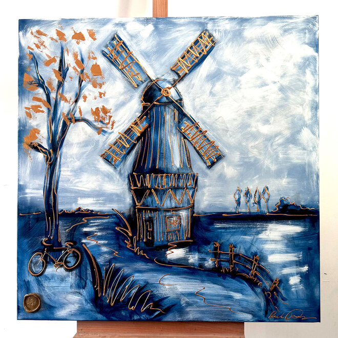 Schilderij- 100x100cm -Hollandse molen - Delft blauw #1