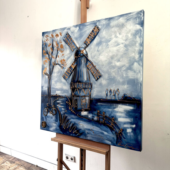 Schilderij- 100x100cm - Rick Triest - Hollandse molen -  Delft blauw #1