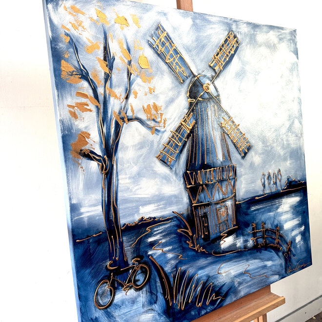 Painting-  100x100cm - Rick Triest - Dutch Windmill -  Delft blauw #1