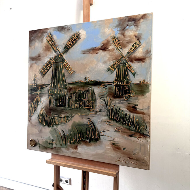 Painting-  100x100cm - Rick Triest - Dutch Windmill - Sepia & Green #2