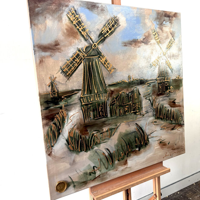 Schilderij- 100x100cm - Rick Triest - Hollandse molen - Sepia & Groen #2