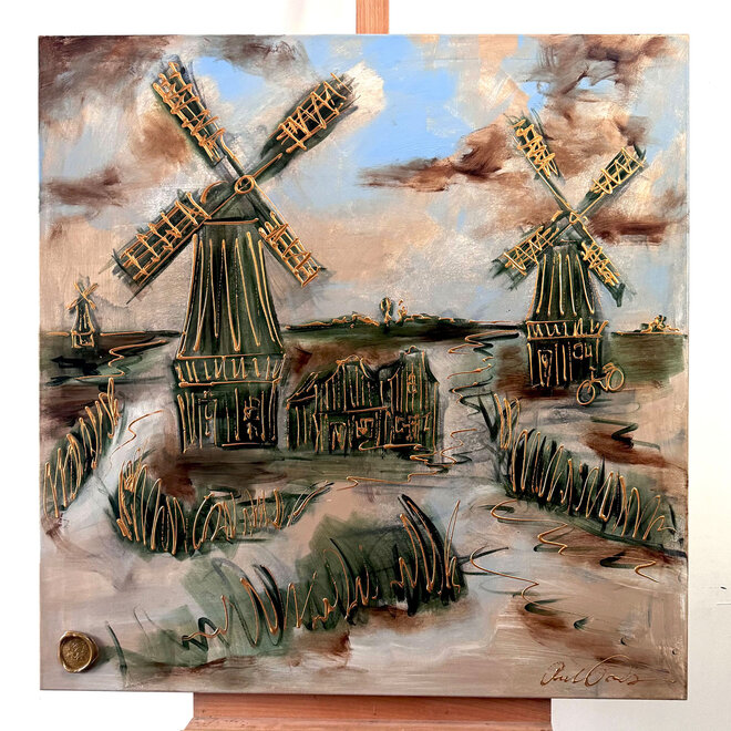 Painting- 100x100cm - Dutch Windmill - Sepia & Green #2