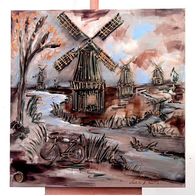 Painting-  100x100cm - Rick Triest - Dutch Windmill - Sepia & Green #1