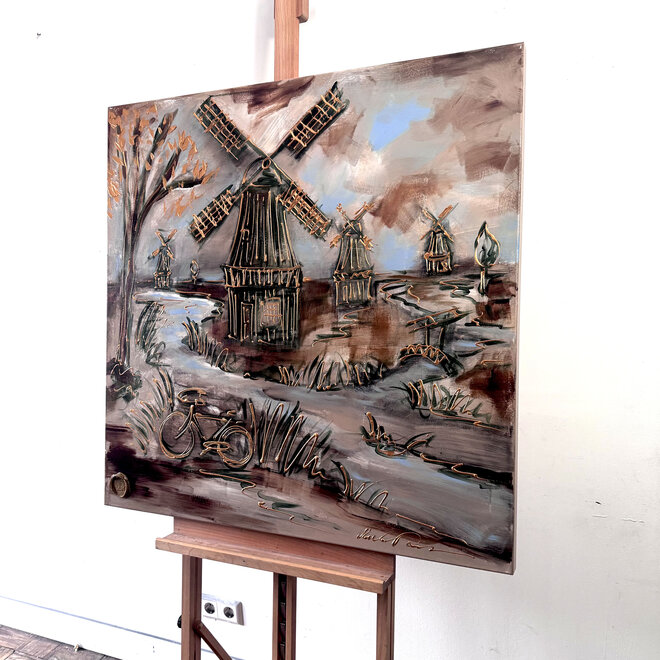 Schilderij- 100x100cm - Rick Triest - Hollandse molen - Sepia & Groen #1