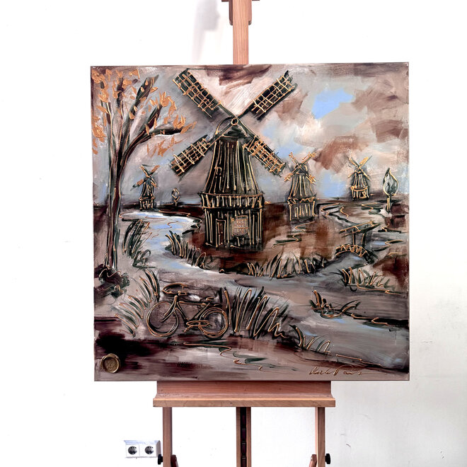 Painting-  100x100cm - Rick Triest - Dutch Windmill - Sepia & Green #1