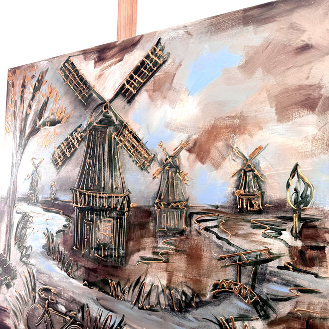Painting-  100x100cm - Rick Triest - Dutch Windmill - Sepia & Green #1