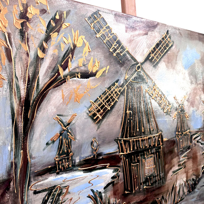 Schilderij- 100x100cm - Rick Triest - Hollandse molen - Sepia & Groen #1