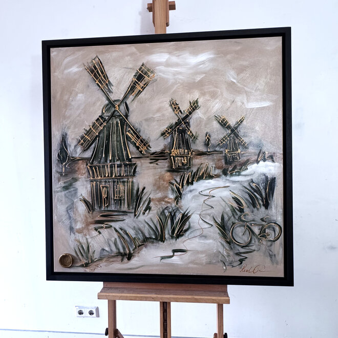Schilderij- 100x100cm - Rick Triest - Hollandse molen - Sepia & Groen #3