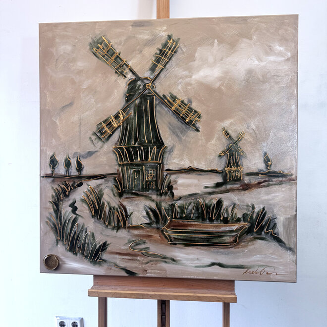 Schilderij- 100x100cm - Rick Triest - Hollandse molen - Sepia & Groen #4