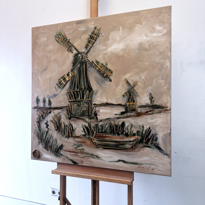 Painting- 100x100cm - Rick Triest - Dutch Windmill - Sepia & Green #4