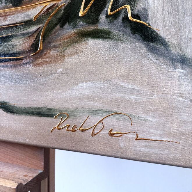 Schilderij- 100x100cm - Rick Triest - Hollandse molen - Sepia & Groen #4