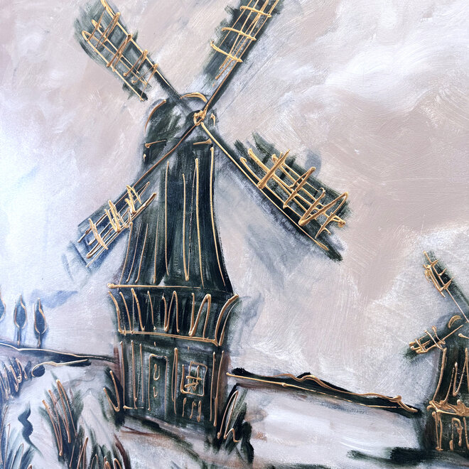 Schilderij- 100x100cm - Rick Triest - Hollandse molen - Sepia & Groen #4