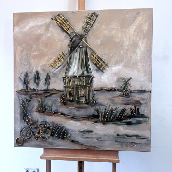 Painting- 100x100cm - Rick Triest - Dutch Windmill - Sepia & Green #4